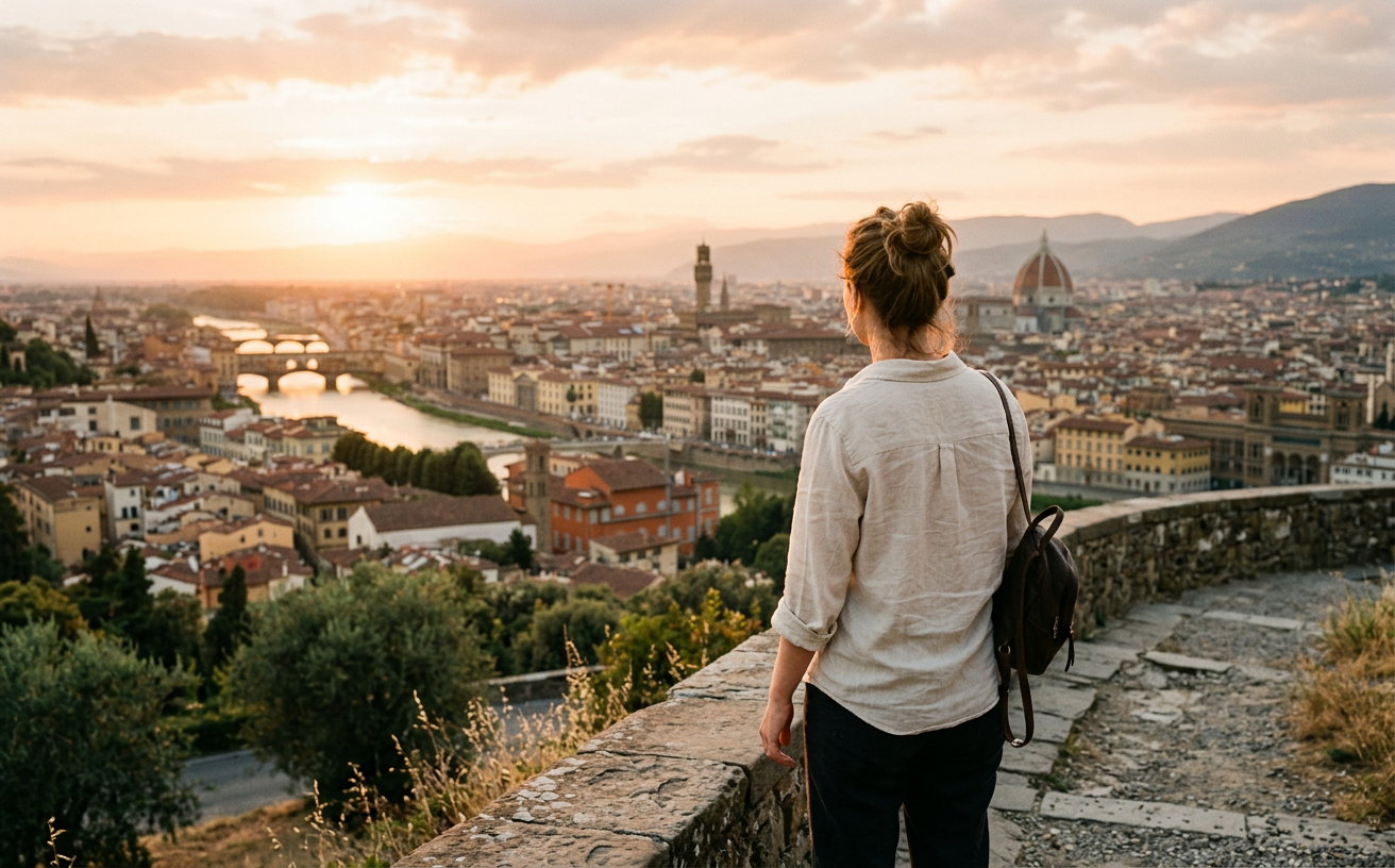 A woman at a hilltop viewpoint at sunset, looking over a city (generated image)