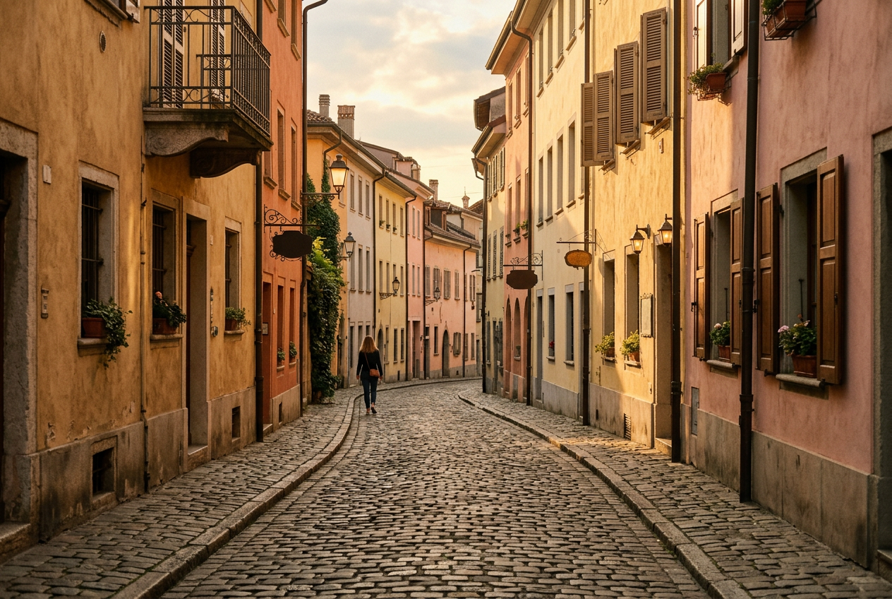 A cobbled street with warm low sunlight on pastel walls (generated image)