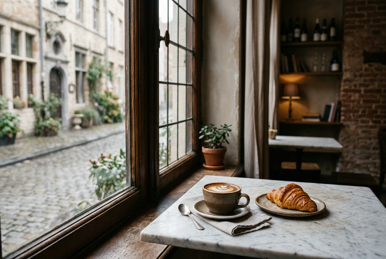 A coffee and a croissant on a marble table by a cafe window (generated image)