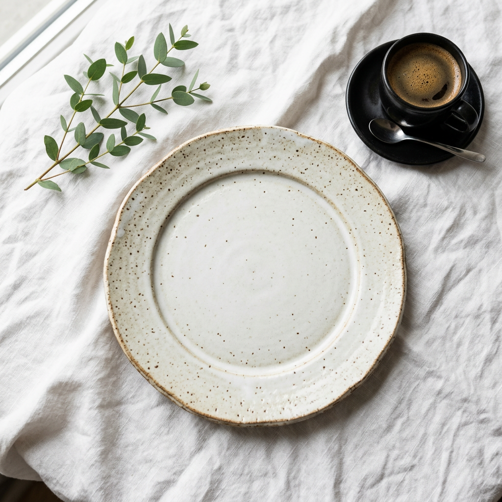 A cream ceramic plate on white linen beside a cup of coffee and a sprig of leaves (generated image)