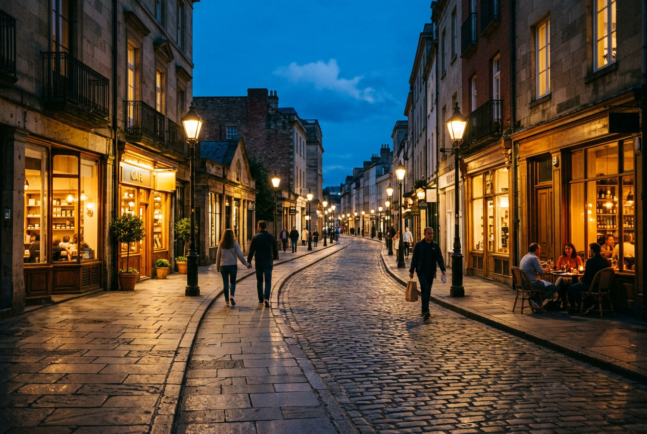 A lit street at dusk with open shopfronts and people walking (generated image)